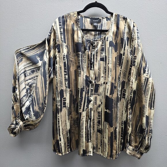 Ashro Shirt Womens 2XL Black Beige Abstract Brushstroke Slit Sleeve Button Front - Picture 1 of 10
